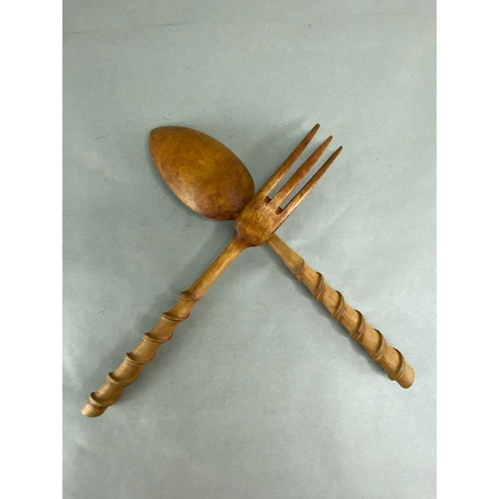 Wooden Salad Servers Rustic Spiral Hand Carved Spoon Fork‎ Set 10